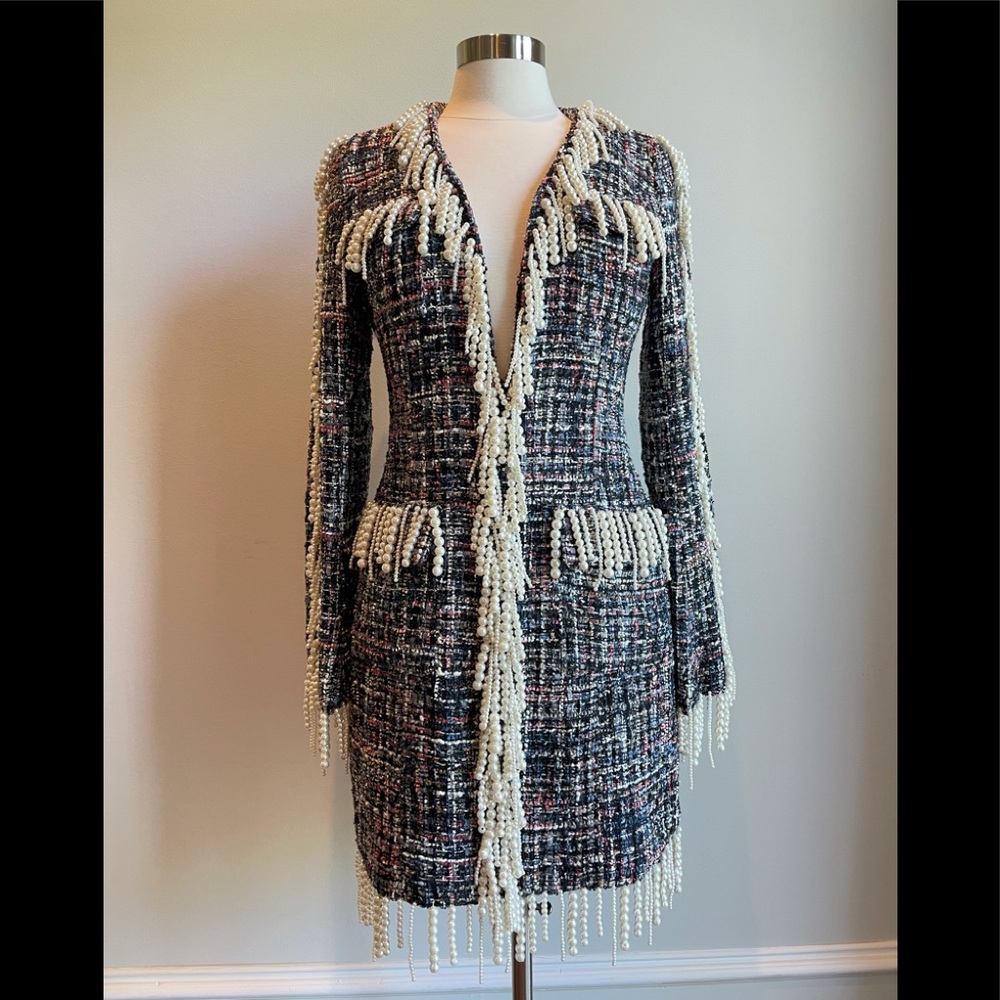 L'ATISTE Black Tweed Midi Dress with Cream Pearl Fringe